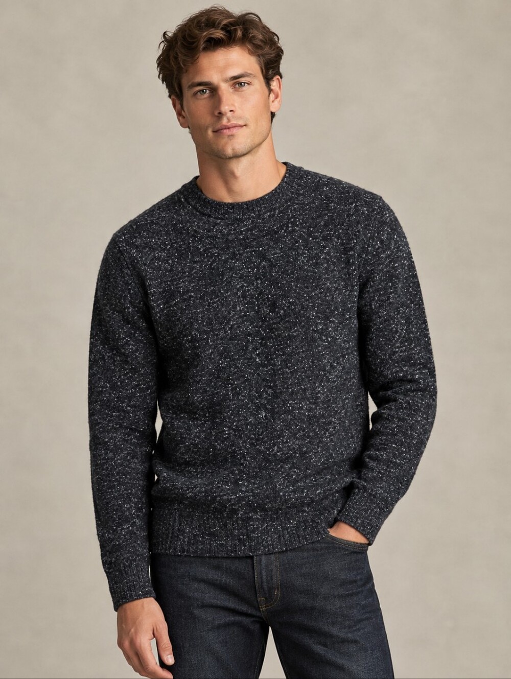 COS Men's Wool & Linen Charcoal Black Speckled Marled Crew-neck Knit Sweater L